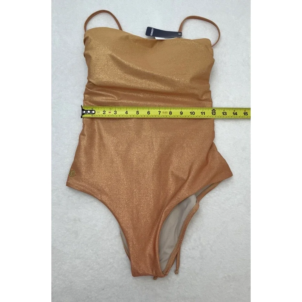 LEONISA Womens Medium Shimmer One Piece Swimsuit Lace Up Back Gold Bronze NWT